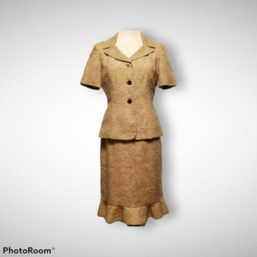 Le Suit 2 Piece Skirt SS Jacket Suit Gold Tan Brocade Sz 6 #339